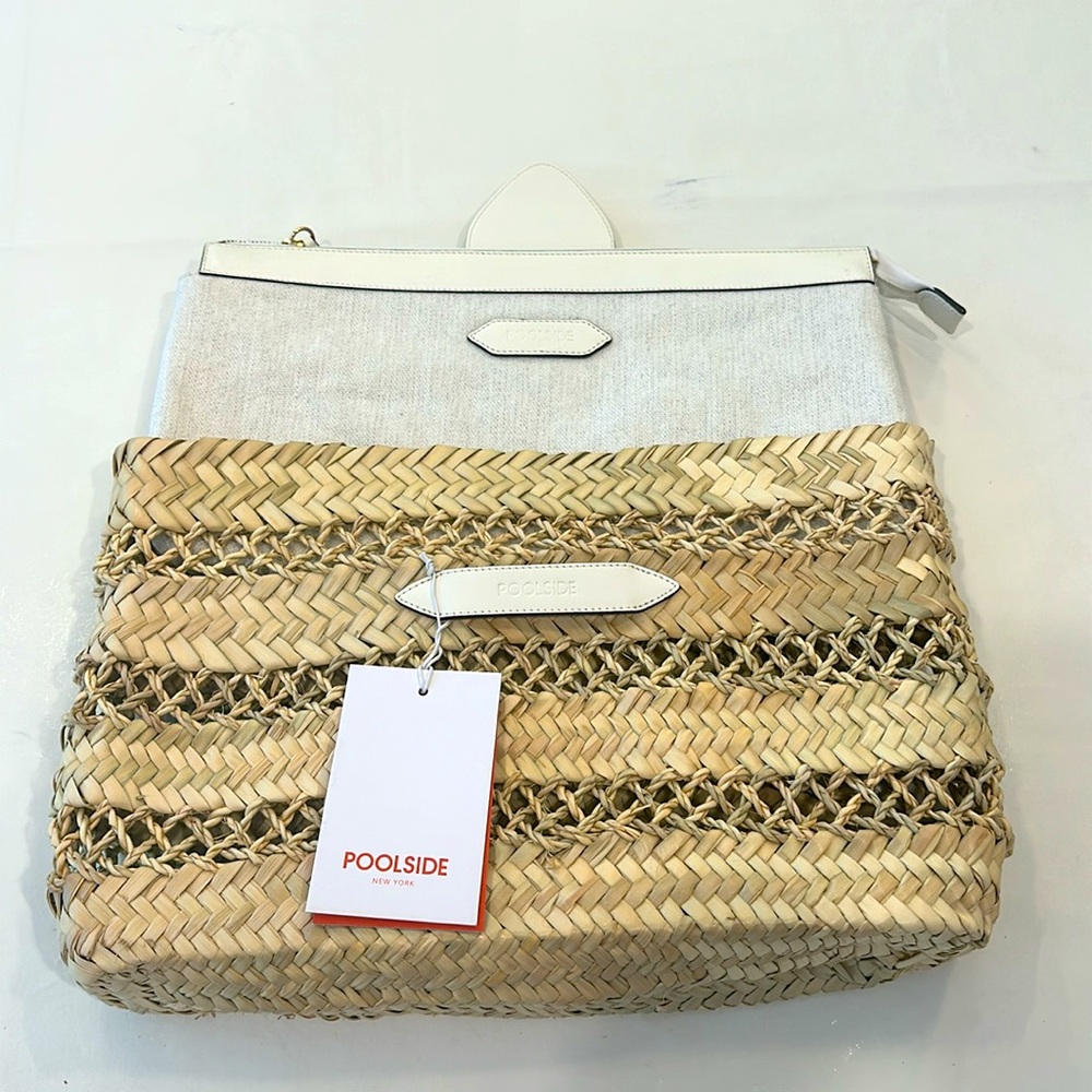 Poolside Natural Woven Straw Clutch with White Leather Trim - Picture 2 of 2